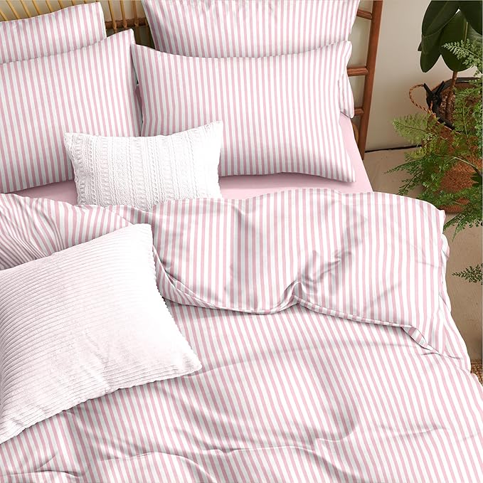Sedefen Striped Duvet Cover Queen Size Pink Stripes Bedding Set 3 Pcs Kids Boys Girls Women White Geometric Stripe Reversible Soft Microfiber Duvet Cover with 2 Pillowcases