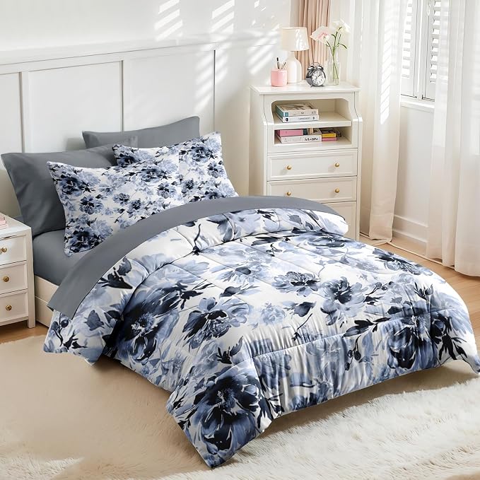 Nesker Comforter Set King Size, Navy Blue Floral 7 Pcs Bedding for Kids and Adults, Blue White Abstract Bed Sheet Sets with Fitted Sheet 2 Pillowcases & 2 Shams