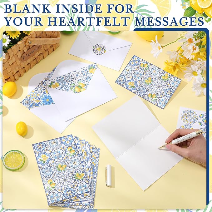Maitys 200 Set Capri Lemon Blank Cards and Envelopes Bulk 4x6 Inch Beautiful Greeting Cards with Envelopes & Stickers 10 Amalfi Coast Lemon Notecards for Wedding Bridal Baby Showers Birthday