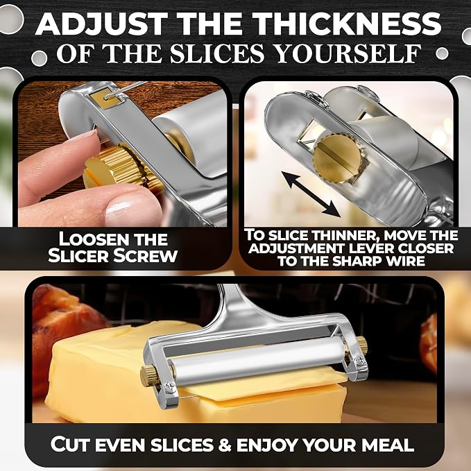 Cheese Slicer Wire - Sharp & Strong Stainless Steel Cheese Cutter Handheld with 2 Extra Wires, Slice Tickness Adjuster, Comfortable Handle & Dishwasher Safe, for Mozzarella, Cheddar & Gruyere Slicing