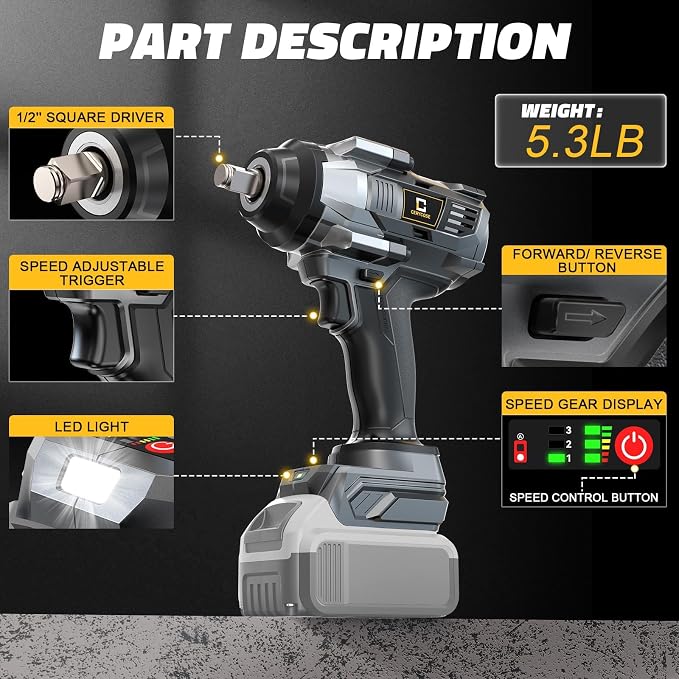 Cordless Impact Wrench 1000FT-LBS Compatible with Dewalt Battery, 1/2 inch Brushless Electric 1360N.m Impact Gun Includes LED Work Light, High Torque Impact Driver, Bare Tool Only