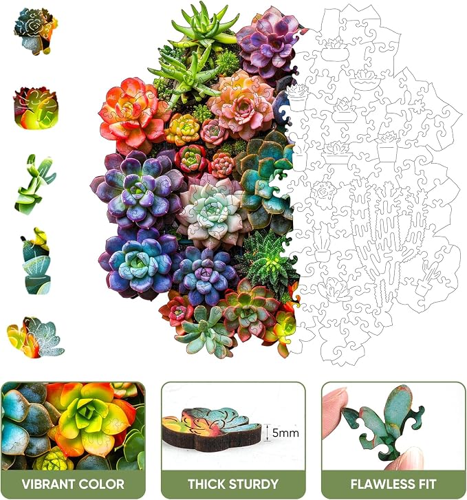 Delobil Succulent Plants Wooden Puzzles for Adults, 500 Pieces Jigsaw Puzzles, Unique Shaped Wood Puzzle Gift for Adults and Kids, Family Game 16.9'' x 16.5''