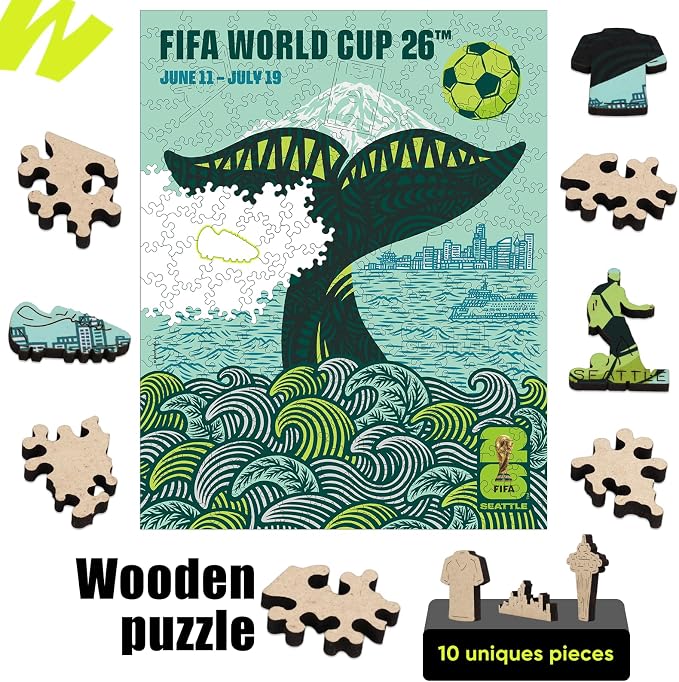 FIFA World Cup 2026 Seattle City Poster Wooden Puzzle for Adults, 200 Piece Unique Shape Jigsaw Puzzle, 5MM Thick, Officially Licensed Soccer Fan Collectible Gift, 9.3x11.8''