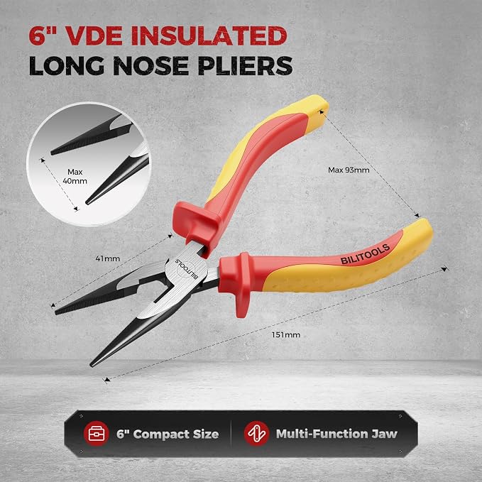 BILITOOLS 1000V Insulated Needle Nose Pliers, 6inch, Long Nose Pliers, Cr-V