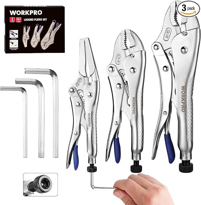 WORKPRO 3PCS Locking Pliers with Hex Key, Long Nose Curved Jaws Vice Grips