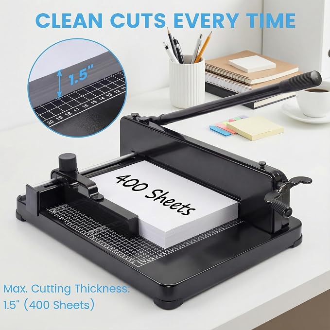 Heavy Duty Paper Cutter for A4 Paper, Guillotine Paper Cutter 12 Inch, 400 Sheet Capacity, Solid Steel Construction, Black