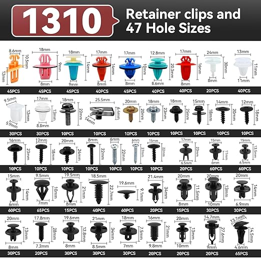 1430Pcs Car Interior & Exterior Retainer Clips - 47 Sizes Assorted Colorful Push Pins & Metal Screws. 3-Tier Box Auto Fastener Kit with Orange Pry Tools for Bumper Door (1430Pcs)