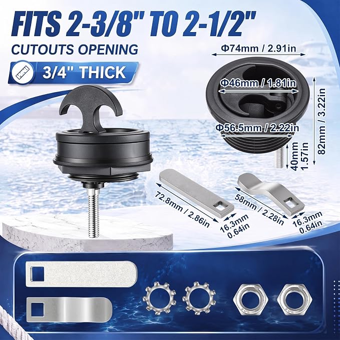 Shimeyao Boat Hatch Latch Non-Locking, 2-3/8"-2-1/2" Cutouts | Flush T Handle with 2 Shaft Strikers, Nylon and 304 Stainless Steel Cam Latch for Marine Deck Hardware Storage Rv Compartment