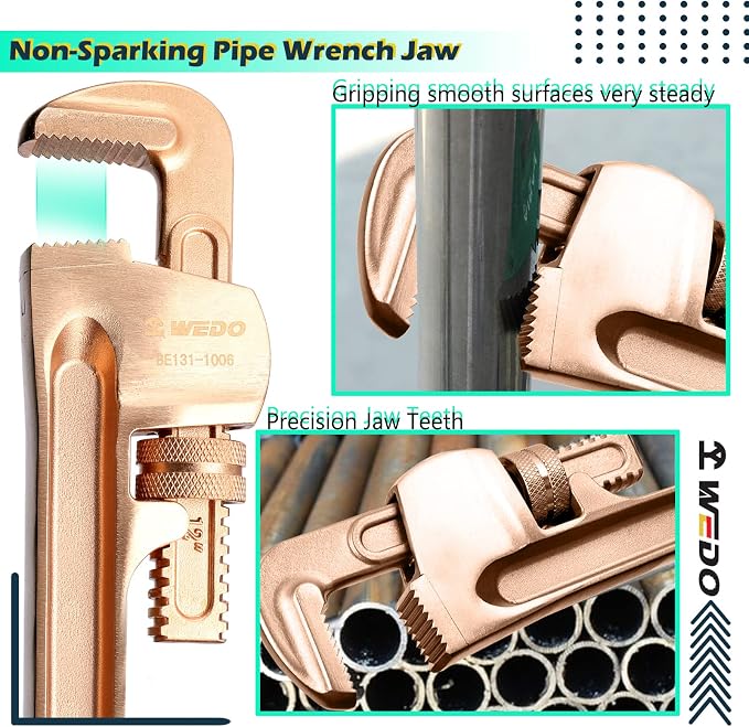 WEDO Pipe Wrench 50 * 350mm,Non-Sparking Pipe Wrench,Spark-Free Straight Plumbing Wrench,Beryllium Copper