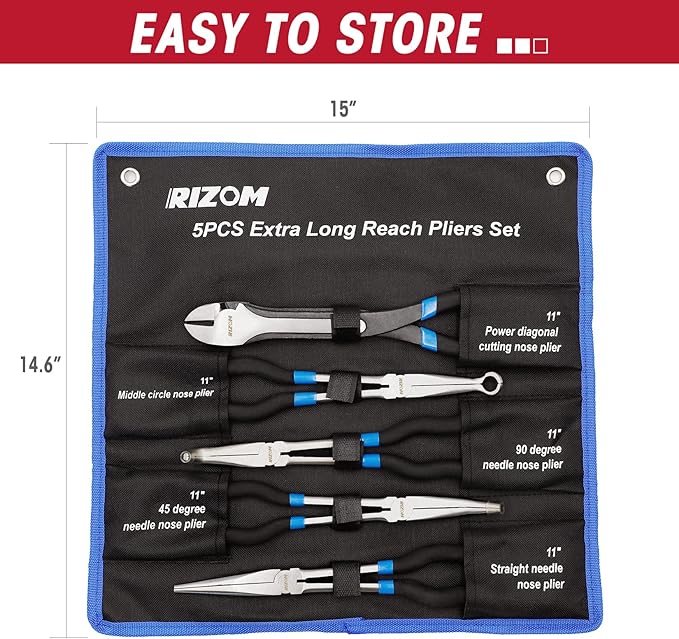 RIZOM 5-Piece 11 Inch Long Needle Nose Pliers Set, Extra Long Reach Pliers Set, 45°&90° Bent Needle Nose Pliers, Circle Nose and Diagonal Pliers for Narrow Spaces and Limited Areas