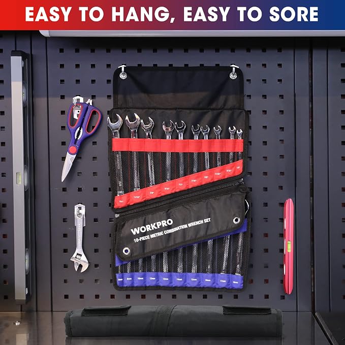 WORKPRO 20-Piece Combination Wrench Set, Metric 6-18mm & SAE 1/4"-3/4" | Cr-V Steel Construction, 12-Point Wrench Set, 2-in-1 Rolling Pouch, for Auto Repair & Home DIY