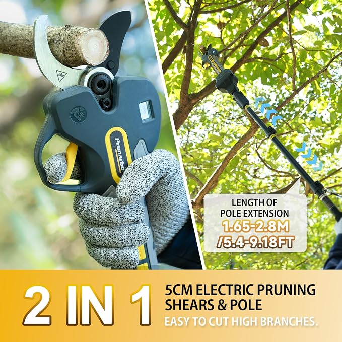 2-in-1 Pole Pruning Shears Cordless, 50mm 2" Cutting Diameter Electric Secateurs & 9.2ft Reach Telescopic Rod Compatible with Makita 18V Battery Powered Pruner Professional for Tree Trimming