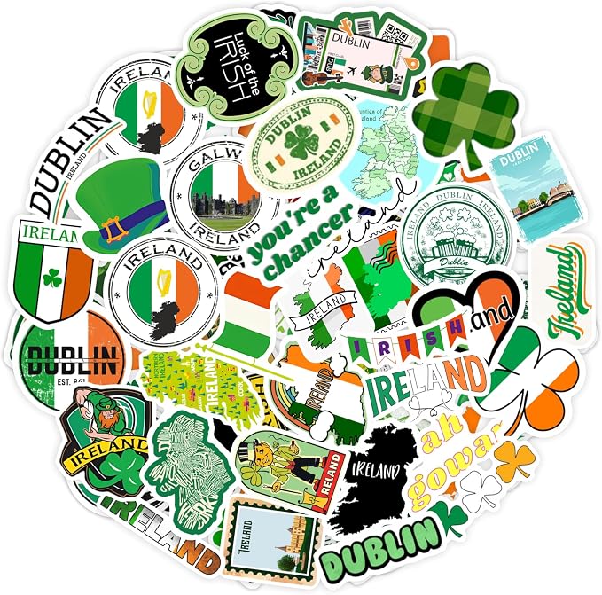 BulbaCraft Ireland Stickers, Irish Stickers for Water Bottle and Laptop - Ireland Party Supplies & Decorations, Waterproof Vinyl Decals, Gifts for Women & Men