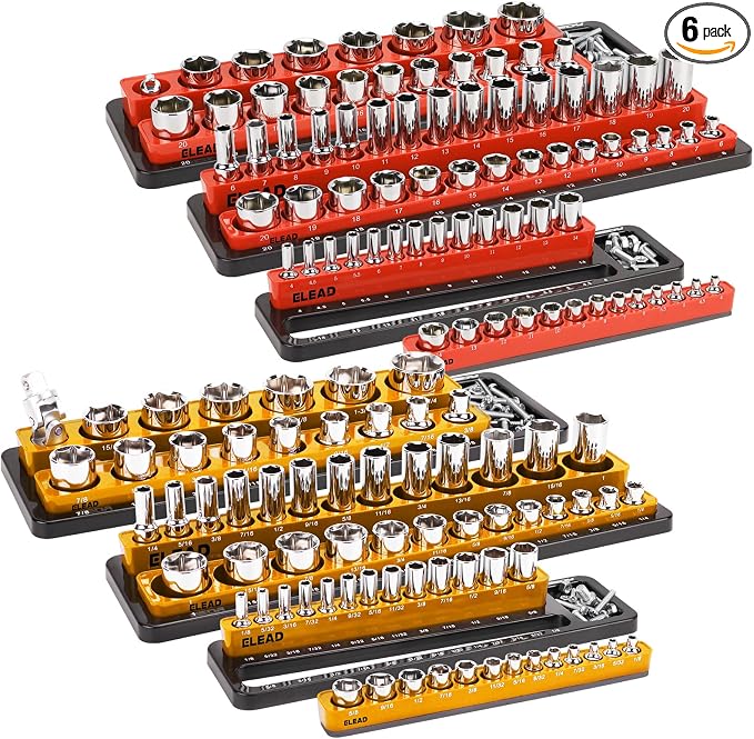 ELEAD Magnetic Socket Holder Organizer Set - 6-Piece Durable 1/2, 1/4, 3/8 Inch Drive Holder, Tool Box Storage Tray for Wrench, Screwdriver, Mechanic Tools, Portable Toolbox Accessory