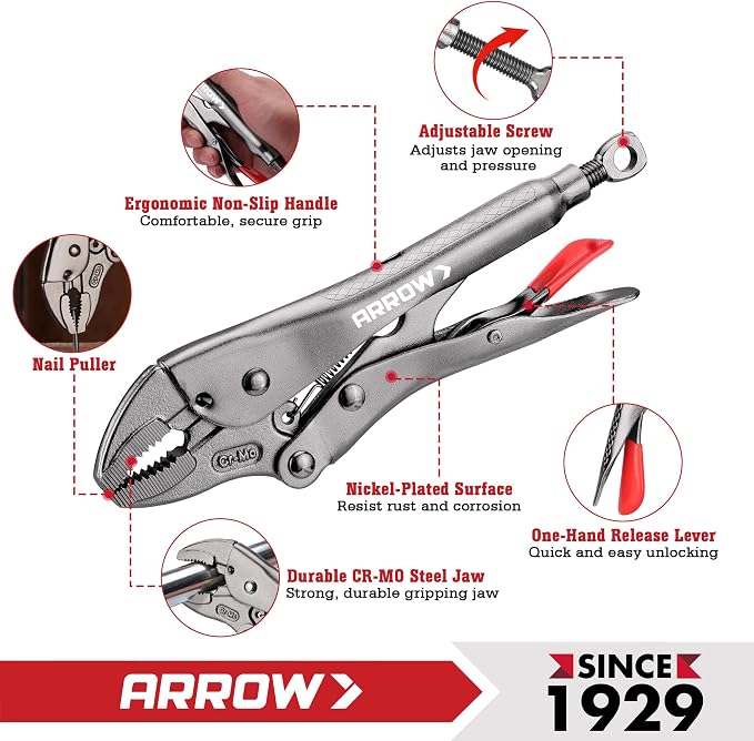 ARROW 10-piece Locking Pliers Set with Tool Bag, Chromium-Molybdenum Vice Grips, 5"/7" Curved Jaw, 6.5"/9.5" Long Nose, 7"/10" Straight Jaw, 7"/10" V-Jaw, 6"/11" C-Clamp Vise Grip Pliers