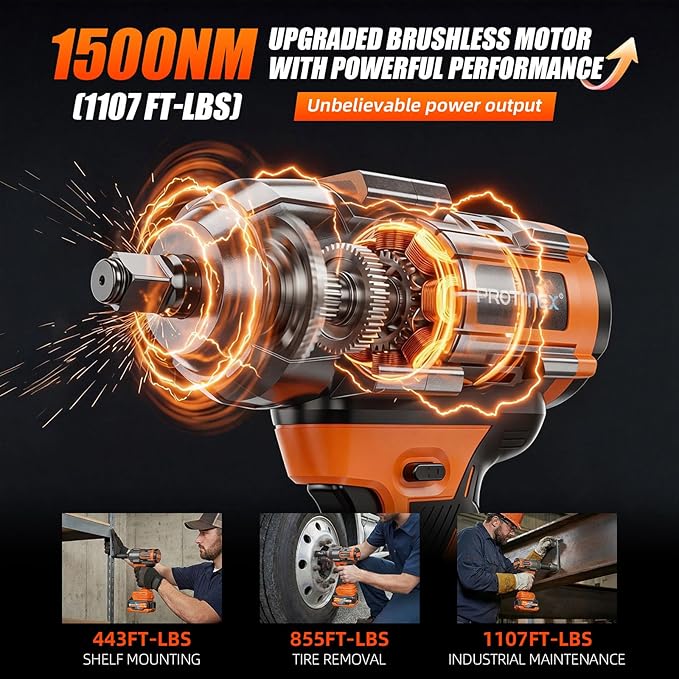 Protmex 1107Ft-lbs(1500N.m) Cordless Impact Wrench, 1/2" Brushless Impact Driver, High Torque Impact Gun with 21V 2x4.0Ah Battery, Power Motor Variable Speeds for Car/Mower/Pickup Truck