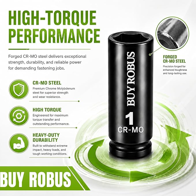 19PCS Impact SAE Impact Socket Set 1/2" Drive, 6-Point Cr-V & Alloy Steel Deep Socket Set 3/8" to 1-1/2", Cr-V Steel, Double Lock Case