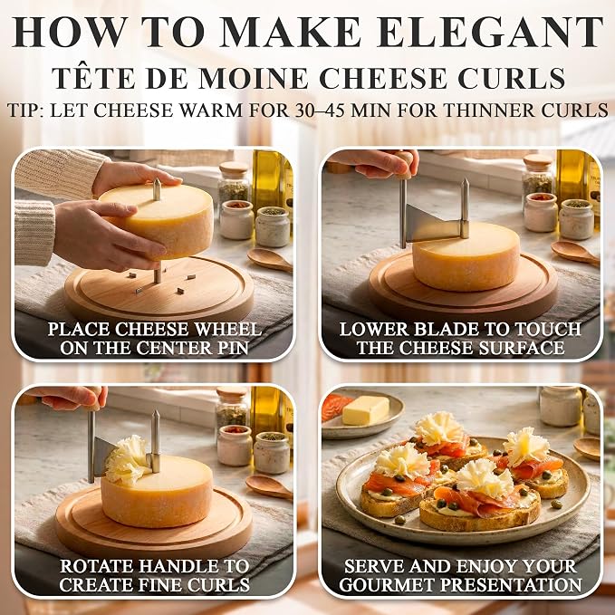 Flower Cheese Cutter for Making Rose-Shaped Cuts - Manual Rotating Cheese Shaver Tool with Stainless Steel Blade, Non-Slip Wood Base, Fasteners, Compatible with 16-18 cm Tête De Moine Cheese Wheel