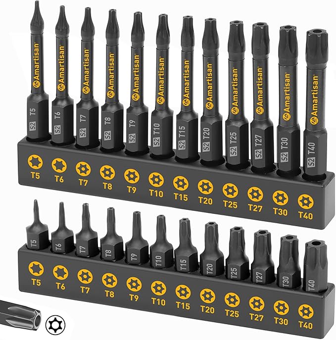 Amartisan Torx Bit Set, 24-Piece S2 Steel, 1" & 2.3" Long T5 - T40, Security, Tamper Resistant Fastener Drive Bit