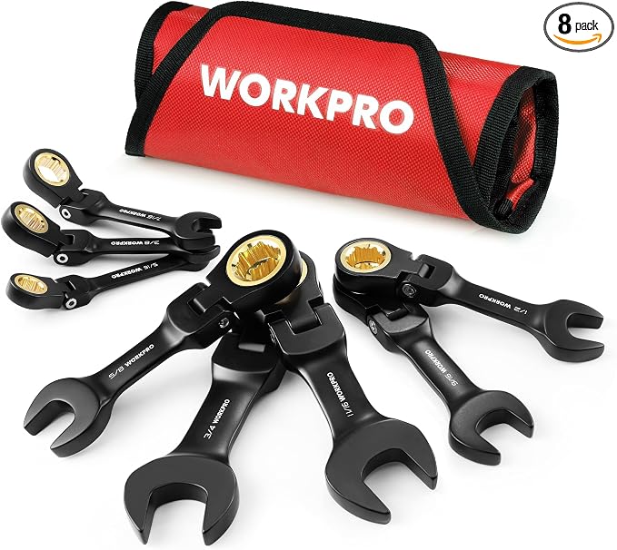 WORKPRO 8-Piece Stubby Flex-Head Ratcheting Wrench Set, SAE 5/16-3/4 in | Anti-slip, 72-Teeth, CRV, Black Electrophoretic Coating, for Mechanics, DIYers and Home Repairs, Includes Rolling Pouch
