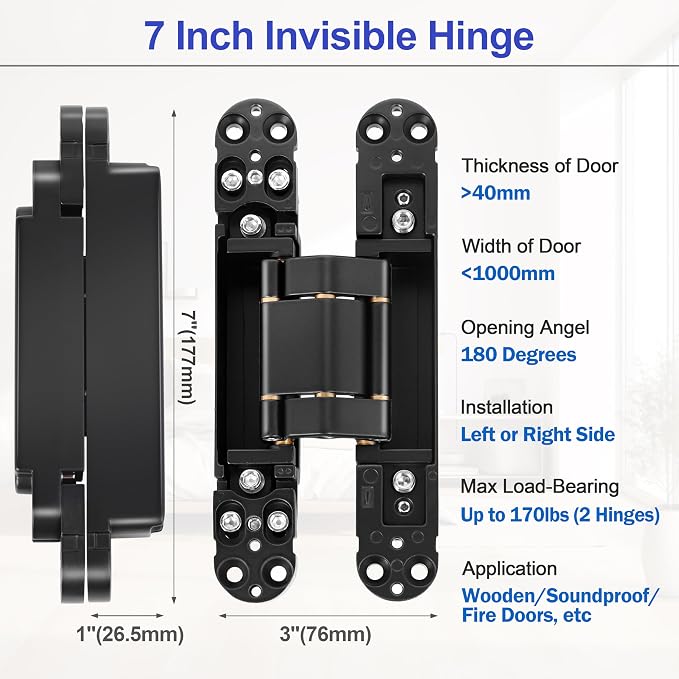 2Kits 7 inch Stainless Steel Hidden Door Hinges -Invisible Hinges for Doors, 180 Degree Swing Concealed Door Hinges, 3 Way Adjustable for Heavy Duty (‎Black)