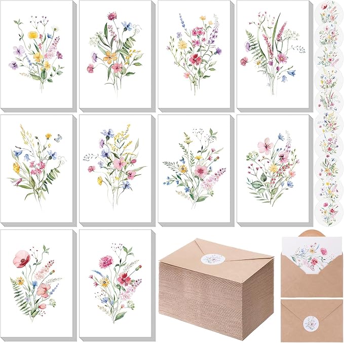 Maitys 200 Set Wildflower Blank Cards and Envelopes Bulk 4x6 Inch Blank Greeting Cards with Envelopes & Stickers 10 Elegant Designs Floral Notecards for Wedding Bridal Showers Anniversary Events