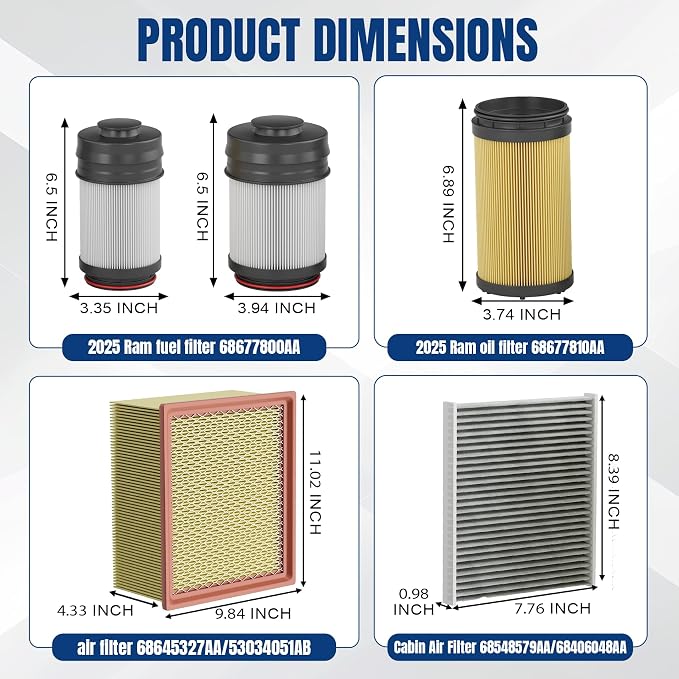 2025-2026 6.7 Cummins Filter Kit with 4.6'', 5'', 6'', 8'' Filter Wrench | Fits 2025+ Ram 2500/3500/4500/5500 Turbo Diesel, Replaces 68677800AA, 68677810AA, 68645327AA, 68548579AA