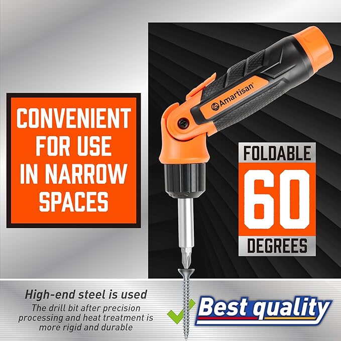 Amartisan 12-in-1 Multi Bit Screwdriver, Ratchet Screwdriver, 60-Degree Adjust Precision Screw Driver, Slotted/Philips/Torx/Square/Hex