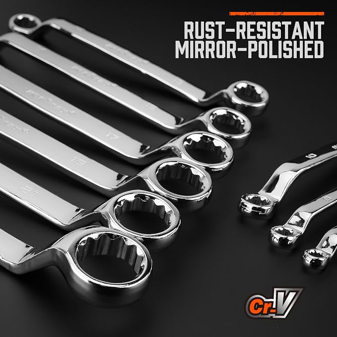 HORUSDY 9-Pieces Metric Offset Box Wrench Set with Rolling Pouch, 50-Degree, Metric 6-24mm, CR-V Steel