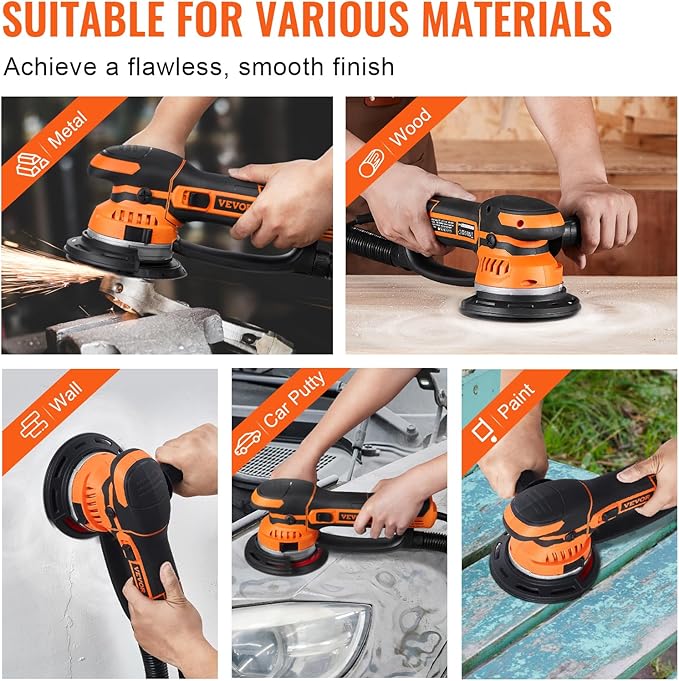 VEVOR Random Orbital Sander, 6-Inch DA & GA Dual Action Orbital Sander, 850W 7400PRM 6 Variable Speed Electric Palm Sander with 10PCS Sandpapers, Dust Connector for Woodworking Detailing Sanding