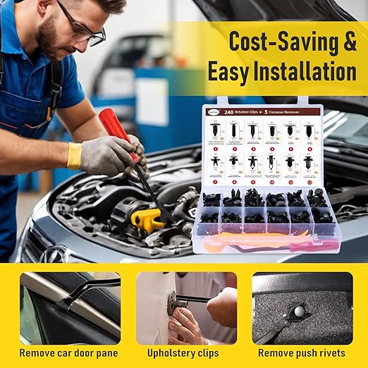 240PCS Car Bumper Retainer Clips Kit - Auto Plastic Rivets & Push Fasteners Set, Most Popular Sizes for Door Trim, Panel, Fender - Compatible with GM, Ford, Toyota, Honda, Chrysler