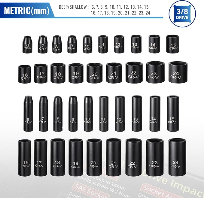 Reniteco 64-Piece 3/8" Drive Socket Set, SAE 5/16"-1", Metric 6-24mm, Cr-V | Deep & Shallow Sockets, 72-Tooth Ratchet Wrench, Extension Bars, 1/2"F-3/8"M Reducer, Universal Joint, Drill Adapter