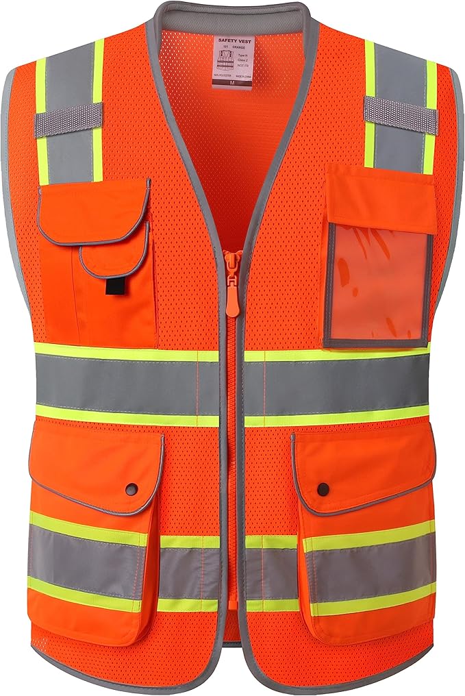 JKSafety 9 Pockets Hi-Vis Safety Vest Breathable Mesh Fabric Cushioned Collar Work Utility PPE Lightweight Industrial Work Gear ANSI/ISEA compliant (101-Orange L)