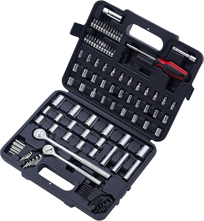MECHMAX 120-Piece Socket Wrench Set, 1/2 & 3/8-In Ratchet Kit | Includes SAE and metric deep sockets, spark plug socket, bits and hex keys. Professional auto repair mechanics tool kit