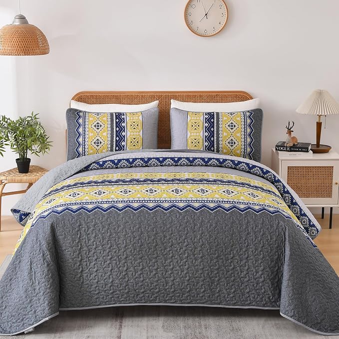WONGS BEDDING 3 Pieces Quilt Set King Size, Grey Yellow Quilt Bedspread Lightweight Bohemian Coverlet Set with 2 Pillowcase, Soft Geometry Printed Bedding Set King for All Season 104"×90"