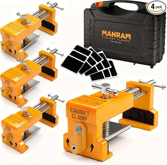 MANRAM Cabinet Clamps 4 Pack A Great Gift for Dad, Heavy Duty Cast Steel Face Frame Alignment Tool with Integrated Drill Guide, EVA Protective Pads and Carrying Case for Cabinet Installation