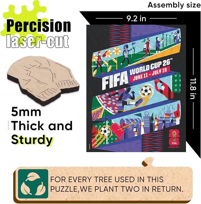 FIFA World Cup 2026 City Puzzle Kansas City Poster - Wooden Puzzle for Adult, 200 Pieces Irregular Shape Puzzle, 5MM Thick, Creative Collectible Gift for Fans, Officially Licensed Product, 9.3x11.8''