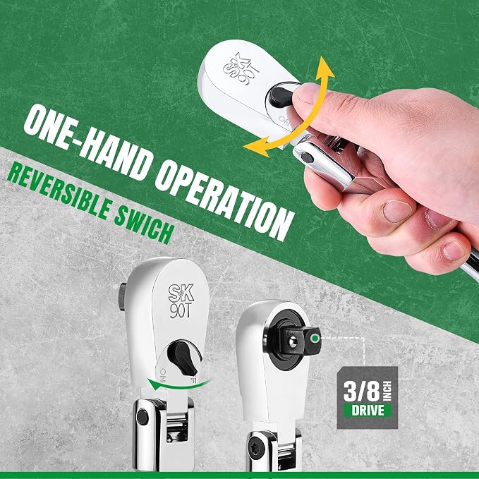 SK 3/8" Drive Flex Head Ratchet, Swivel Ratchet Handle, 90-Tooth Pear Head | Premium CR-V Steel, Reversible Design, with Contoured Handle