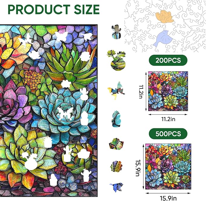 Delobi Stained Glass Puzzle Succulent Wooden Puzzles for Adults 200 Pieces, Unique Challenging Jigsaw Puzzles Gift for Friends Family Game Medium Size 11.2'' x11.2''