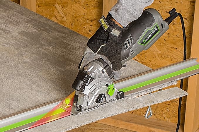 Genesis GPCS535CK 5.8 Amp 3 1/2” Control Grip Plunge Compact Circular Saw Kit with Laser, Miter Base, 3 Assorted Blades, Vacuum Adapter Hose, Rip Guide and Carrying Bag