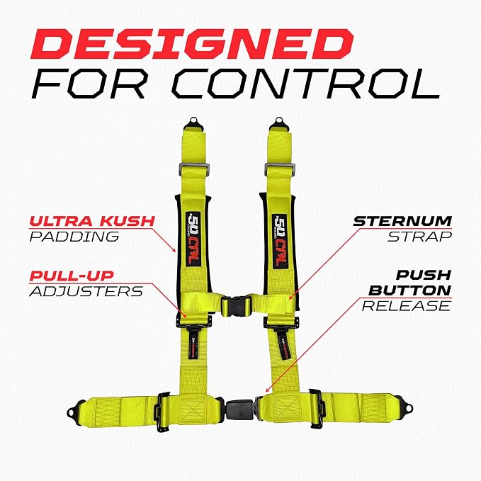 1pc 50 Cal Yellow 4 Point Harness 2in Straps, Racing Harness Seat Belt | Ultra Kush padding, Push Button quick release hardware. Universal Fit for UTV, RZR, race car.