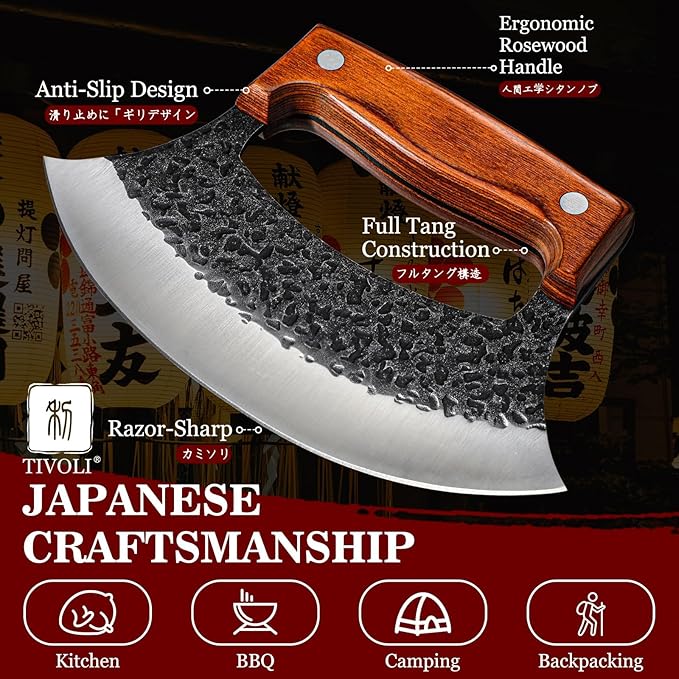 TIVOLI Hand-Forged Ulu Knife – Full Tang High Carbon Steel, Japanese-Inspired with Sheath & Gift Box, Mezzaluna Rocker Knife & Pizza Cutter for Kitchen, Camping&BBQ - Gifts for Men and Women