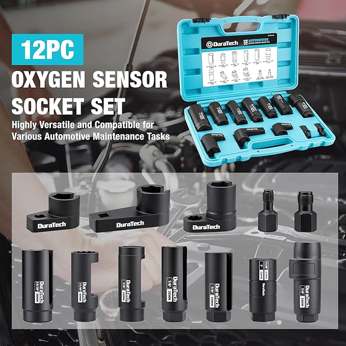 DuraTech 12-Piece Oxygen Sensor Socket Set, O2 Sensor Removal Tool Kit with with 22mm, 27mm, 29mm, 7/8" and 1-1/16" Sockets, 3/8" & 1/2" Drive, Thread Chasers, O2 Sensor Socket Set with Storage Case