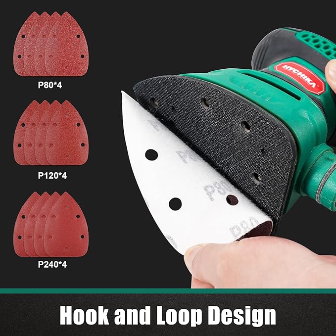 HYCHIKA Detail Sander Tool with Vacuum Attach, 13,000 OPM, 1.2A Electric Palm Sander with 12 Pcs Sandpapers, Upraged Dust Collection System, Compact Design for Tight Spaces Sanding and Paint Removing