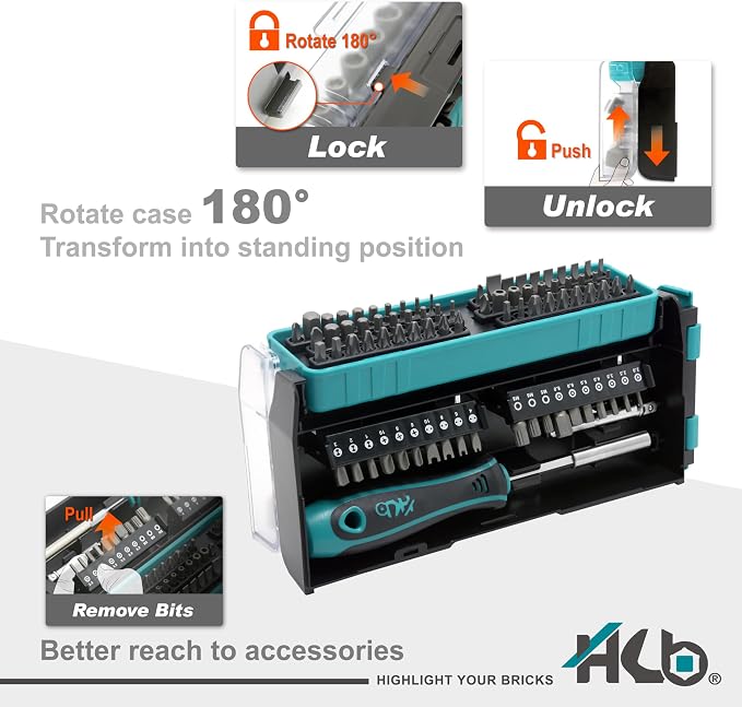 HB 112-Piece Magnetic Nut Driver & Bit Set KKM002-U, Phillips Pozi Slotted Hex Star Square Spline Tri-Wing Torq Clutch Bits, Magnetic Holder, Socket Adapter, Screwdriver Handle, Case, Made in Taiwan