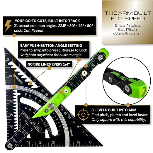 Britton Square® 7-Inch Rafter Square: Patented Locking Pivot Arm & Angle Finder | Precision Aluminum Rafter Square with 3 High-Visibility Levels | Professional Grade Woodworking & Framing Tool