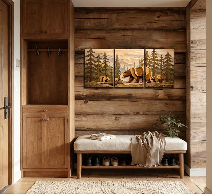 Frimeeme Framed Rustic Cabin Decor Bear Wall Art,Rustic Forest Bear Wall Art Woodland Theme Decor for Cabin, Farmhouse, Living Room, Bathroom, 12"x16" 3-Piece,Inch