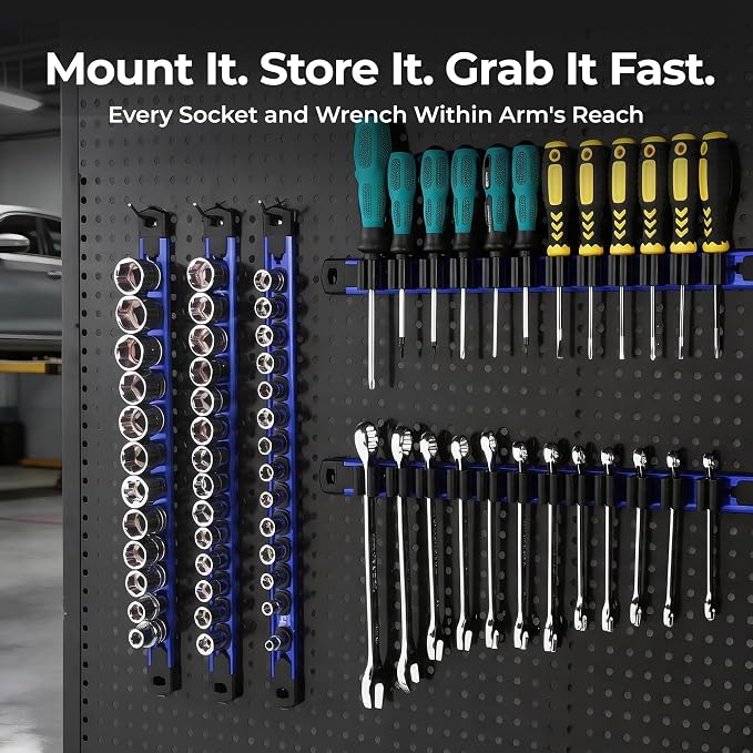 Reniteco 6-Piece Magnetic Socket Organizer and Screwdriver Organizer Set | 3-Piece 1/4", 3/8" & 1/2" Drive Socket Rails, 3-Piece Wrench Screwdriver Holder, Interchangeable Clips, Aluminum Alloy Rail