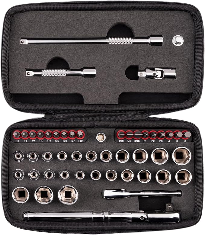 TEKTON 1/4 Inch Drive 6-Point Small Engine Socket Set, 50-Piece | SKT07903 | (5/32 - 9/16 in., 4 - 15 mm, Phillips #1 - 3, Slotted 3/16 - 5/16 in., T7 - T30), Shallow, Zipper Case, Custom Foam