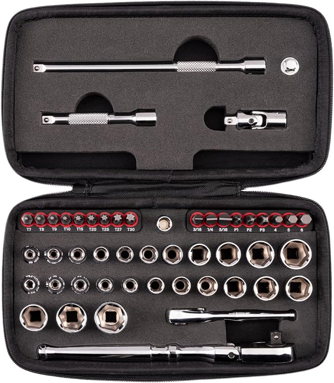 TEKTON 1/4 Inch Drive 6-Point Small Engine Socket Set, 50-Piece | SKT07904 | (5/32 - 9/16 in., 4 - 15 mm, Phillips #1 - 3, Slotted 3/16 - 5/16 in., T7 - T30), Shallow, Zipper Case, Custom Foam